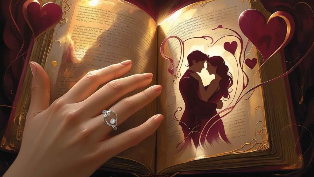 Una composizione che evoca l'atto del leggere. La potenza della letteratura che insegna l'amore. Una mano che tiene un libro aperto, con delle silhouette stilizzate di coppie o cuori che emergono dalle pagine