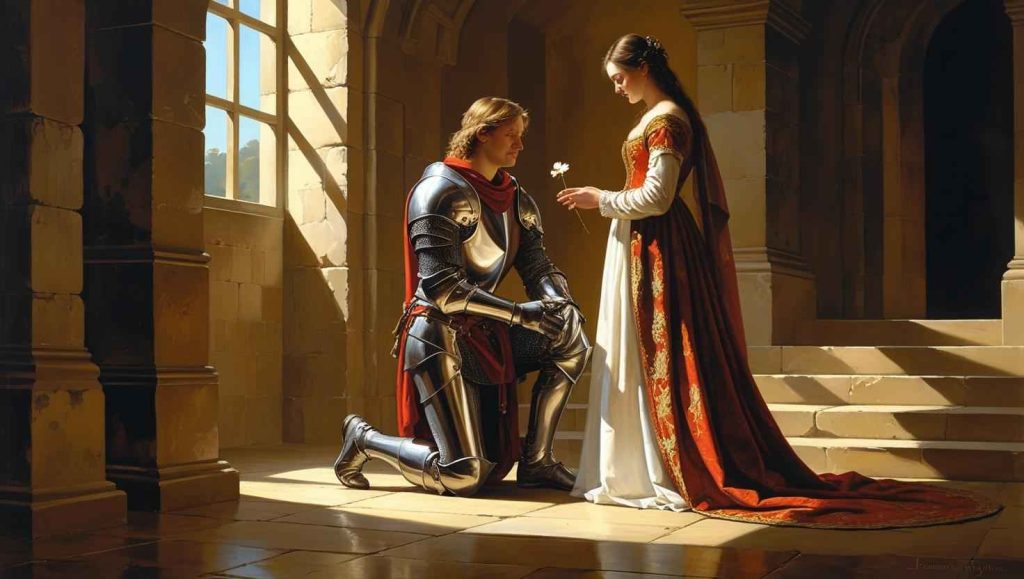 un'immagine che richiama l'amore insegnatoci dalla letteratura attraverso l'arte dell'epoca, raffigurante un cavaliere inginocchiato davanti a una dama in un castello.